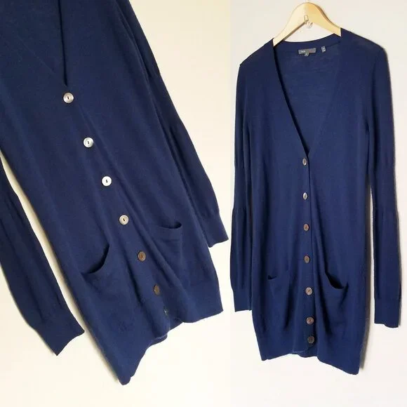 Vince 100% Cashmere V Neck Longline Cardigan S Lightweight Blue Button Pockets - Picture 9 of 16